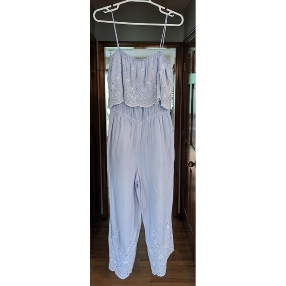 Topshop Jumpsuit Women's Blue Eyelet Viscose Spaghetti Straps Size 8 - Picture 2 of 14